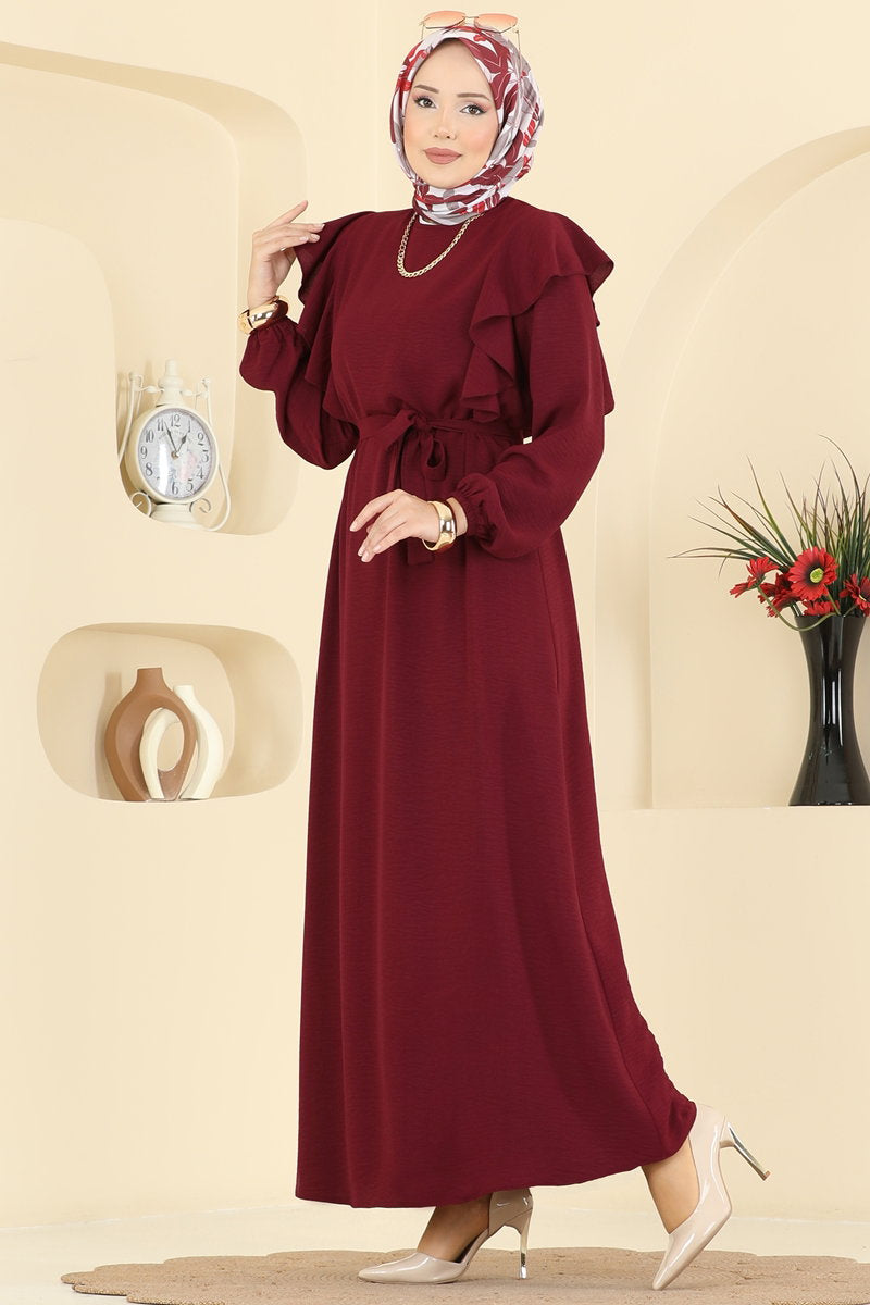 Aerobin Dress with Ruffled Shoulders - Burgundy