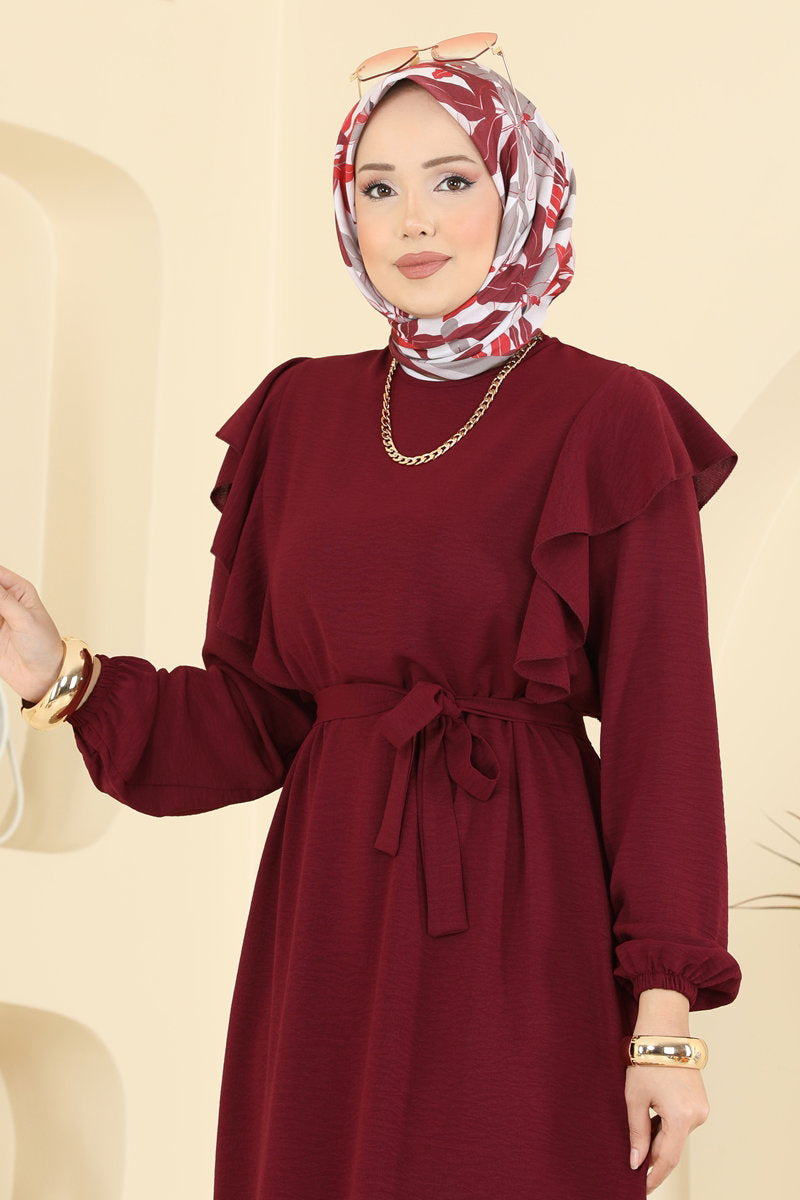 Aerobin Dress with Ruffled Shoulders - Burgundy