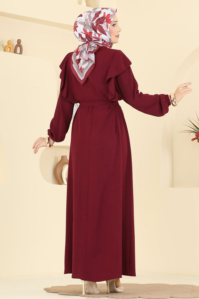 Aerobin Dress with Ruffled Shoulders - Burgundy
