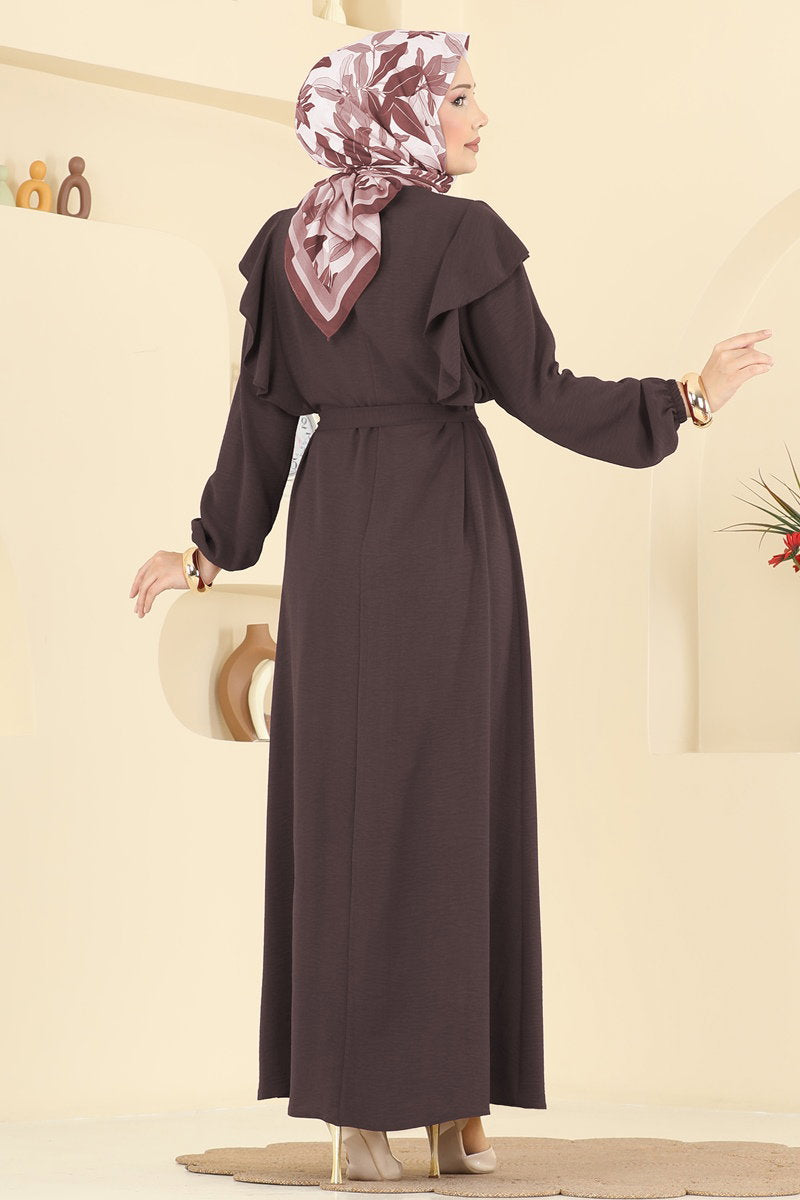 Aerobin Dress with Ruffled Shoulders - Brown