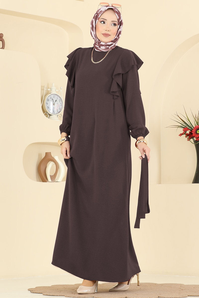 Aerobin Dress with Ruffled Shoulders - Brown