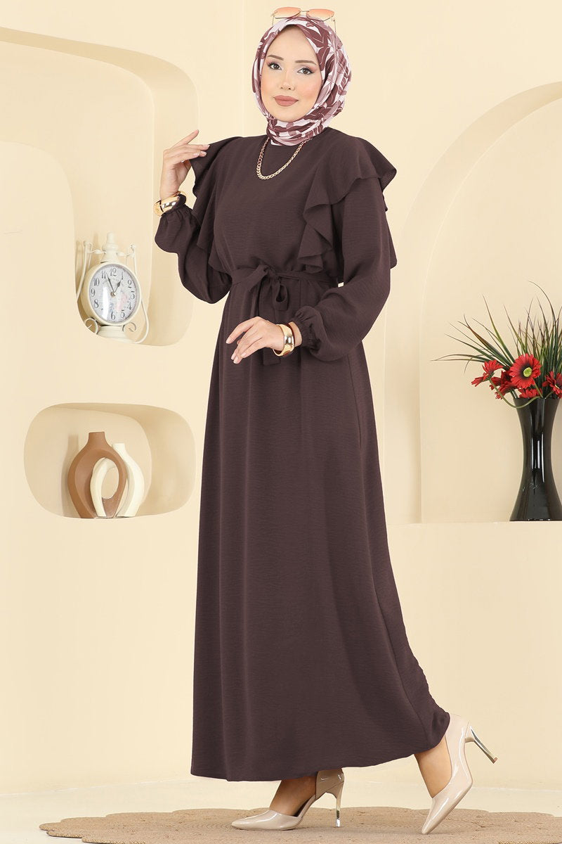 Aerobin Dress with Ruffled Shoulders - Brown