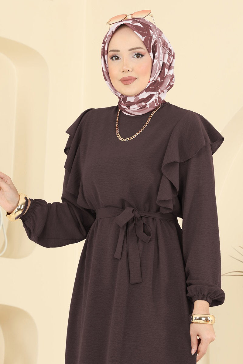 Aerobin Dress with Ruffled Shoulders - Brown
