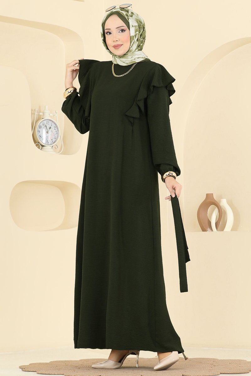 Aerobin Dress with Ruffled Shoulders - Dark Khaki
