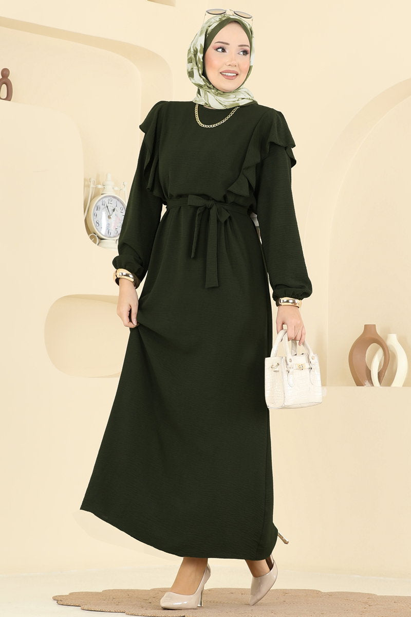 Aerobin Dress with Ruffled Shoulders - Dark Khaki