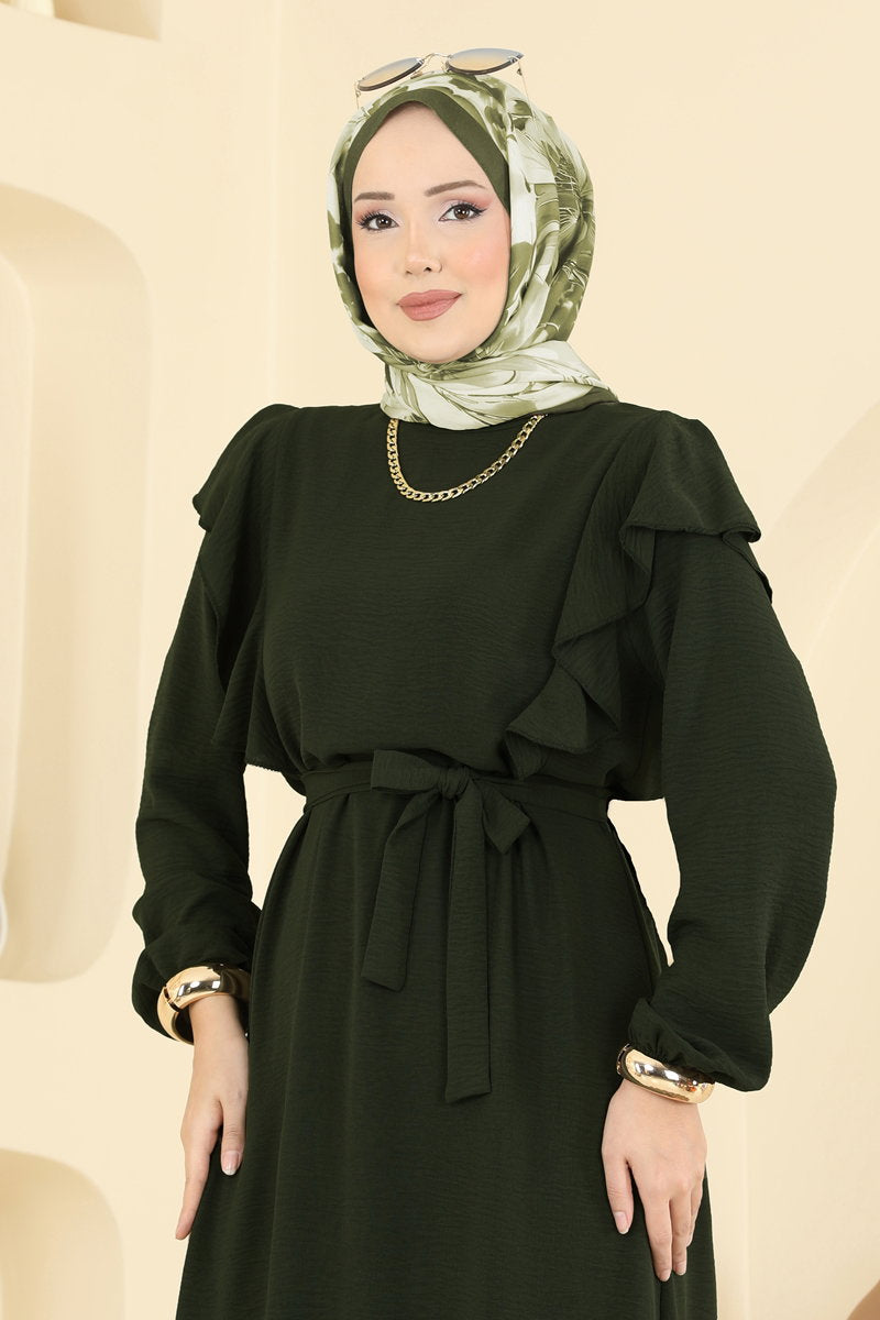 Aerobin Dress with Ruffled Shoulders - Dark Khaki