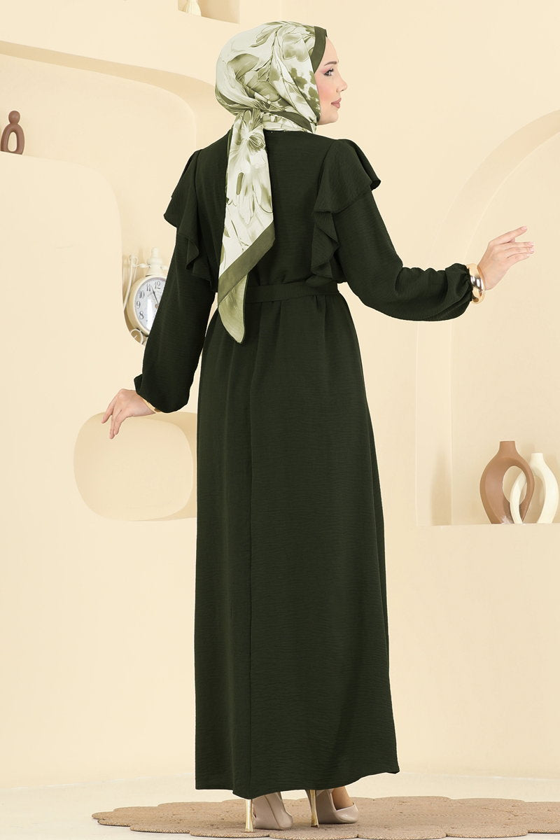 Aerobin Dress with Ruffled Shoulders - Dark Khaki