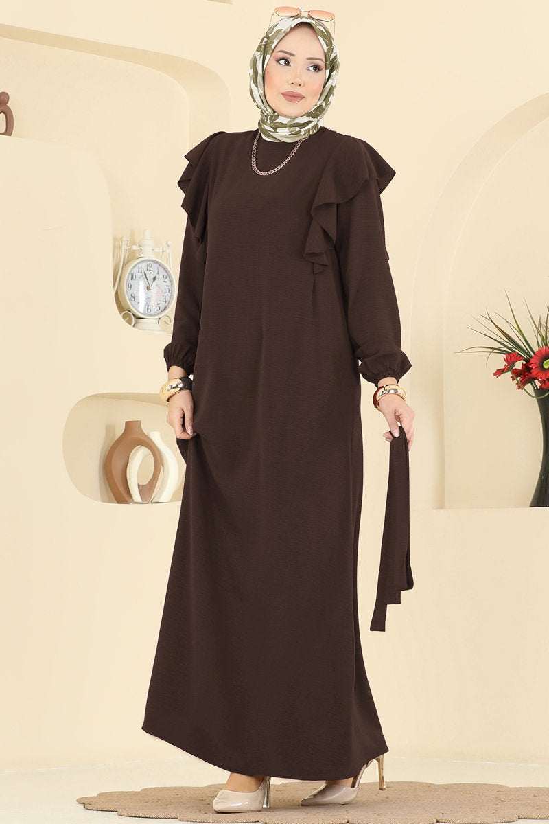 Aerobin Dress with Ruffled Shoulders - Dark Brown