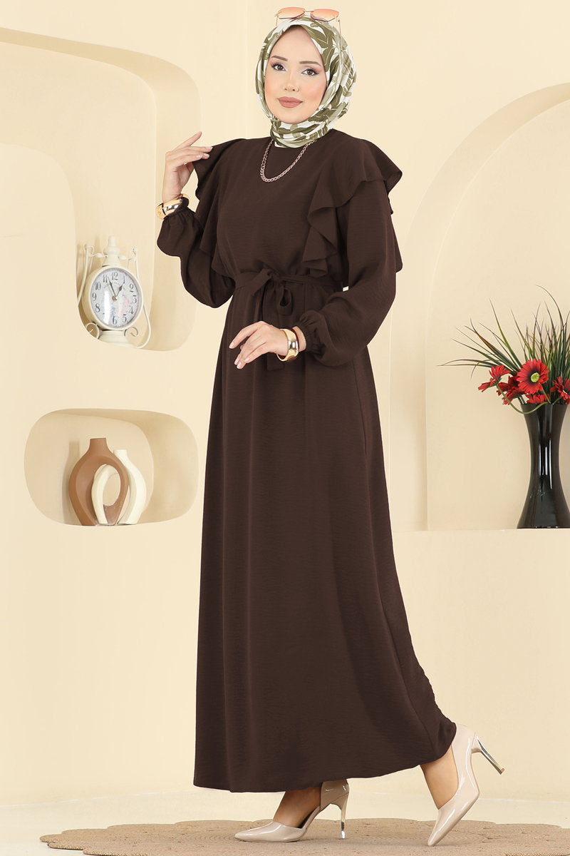 Aerobin Dress with Ruffled Shoulders - Dark Brown