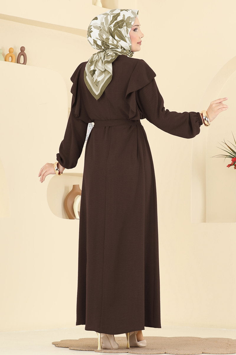 Aerobin Dress with Ruffled Shoulders - Dark Brown