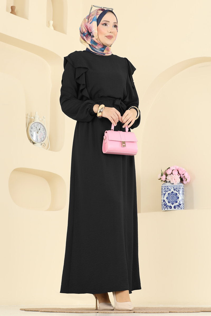 Aerobin Dress with Ruffled Shoulders - Black