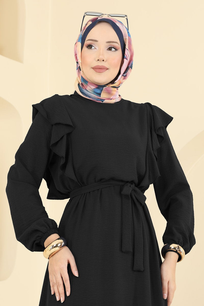 Aerobin Dress with Ruffled Shoulders - Black