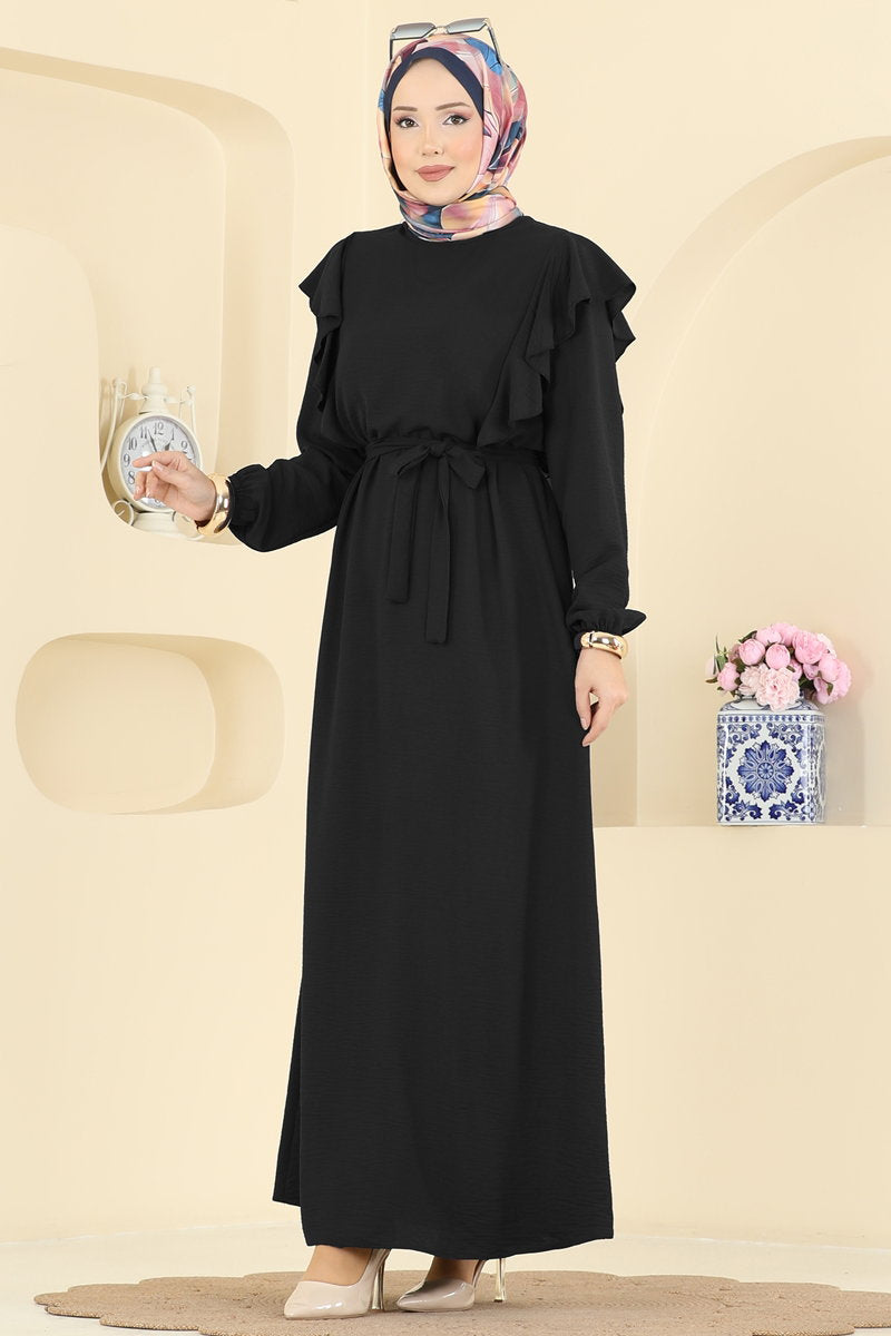 Aerobin Dress with Ruffled Shoulders - Black