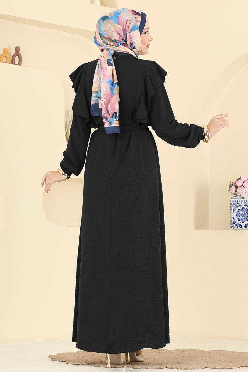 Aerobin Dress with Ruffled Shoulders - Black