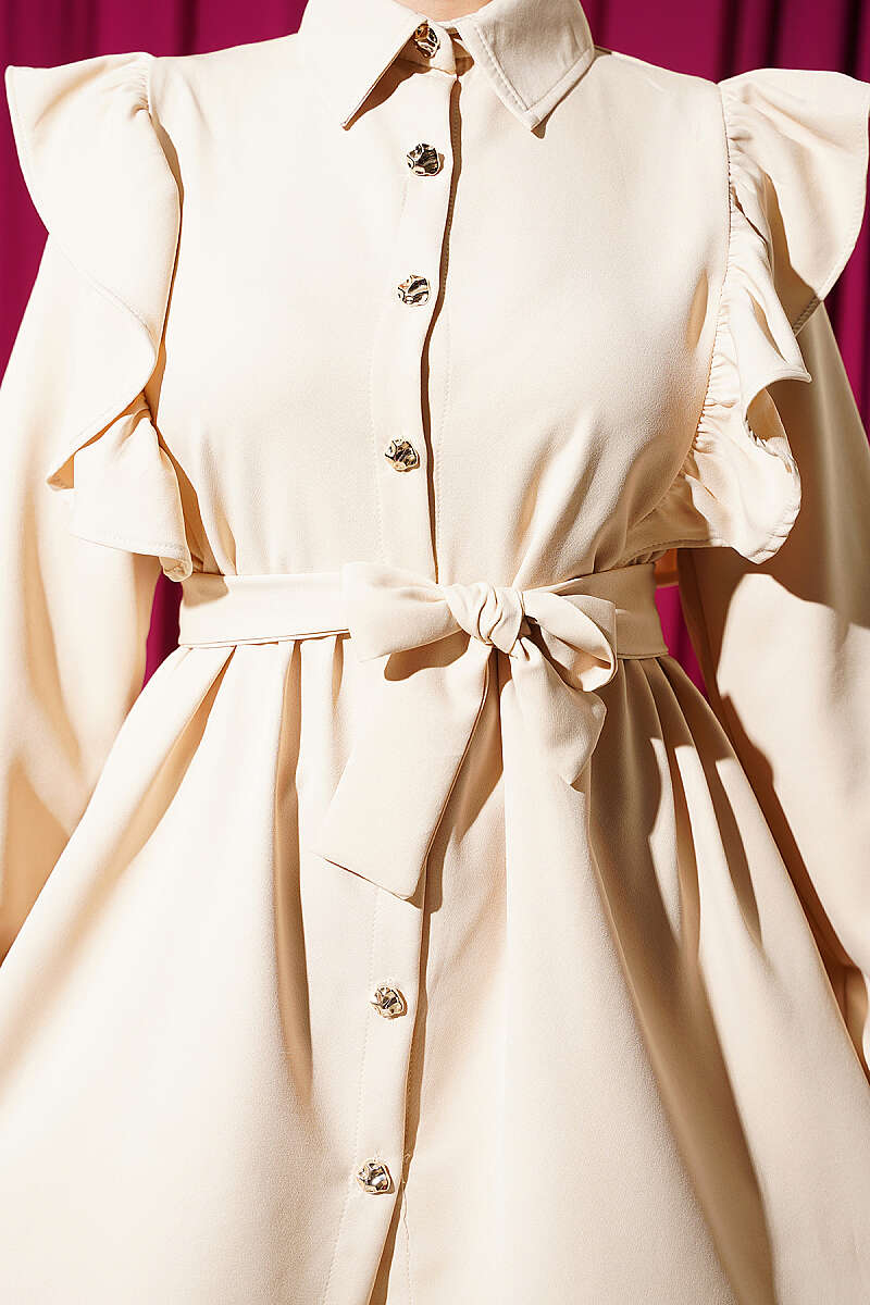 Button Two-Piece Set with Ruffled Shoulders - Beige