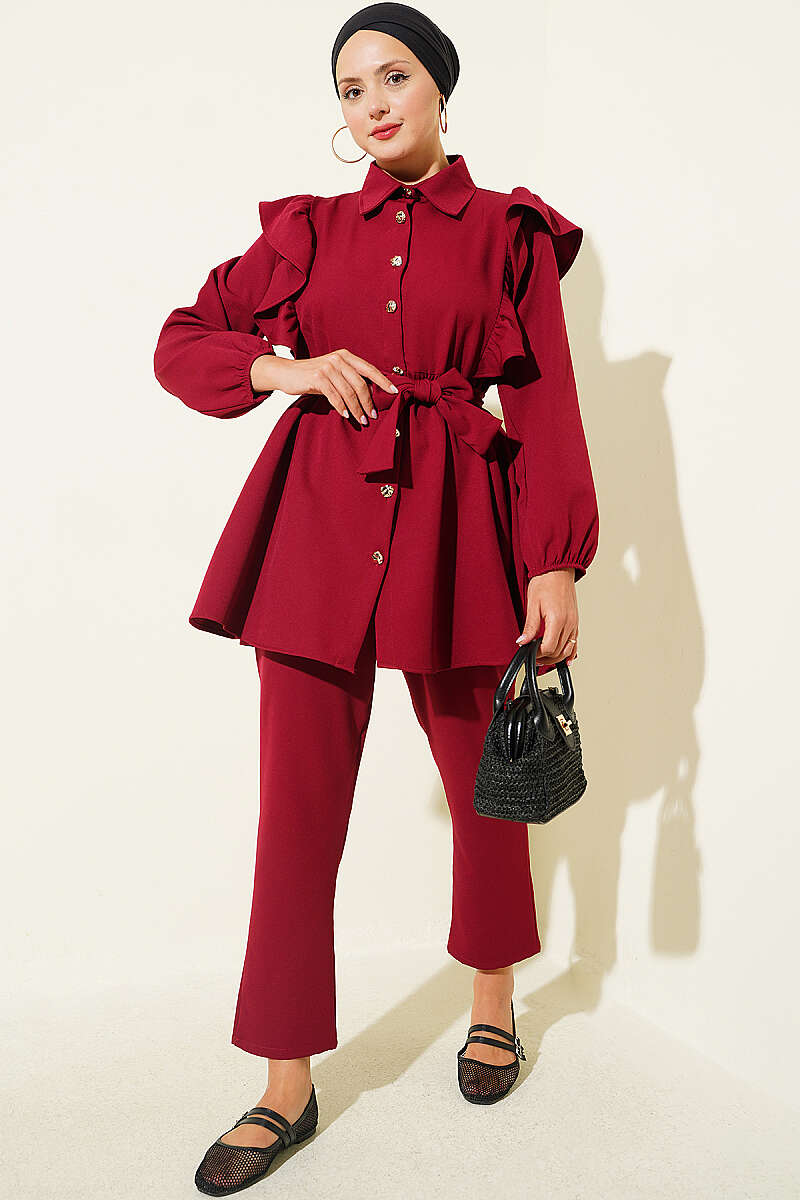 Button Two-Piece Set with Ruffled Shoulders - Burgundy