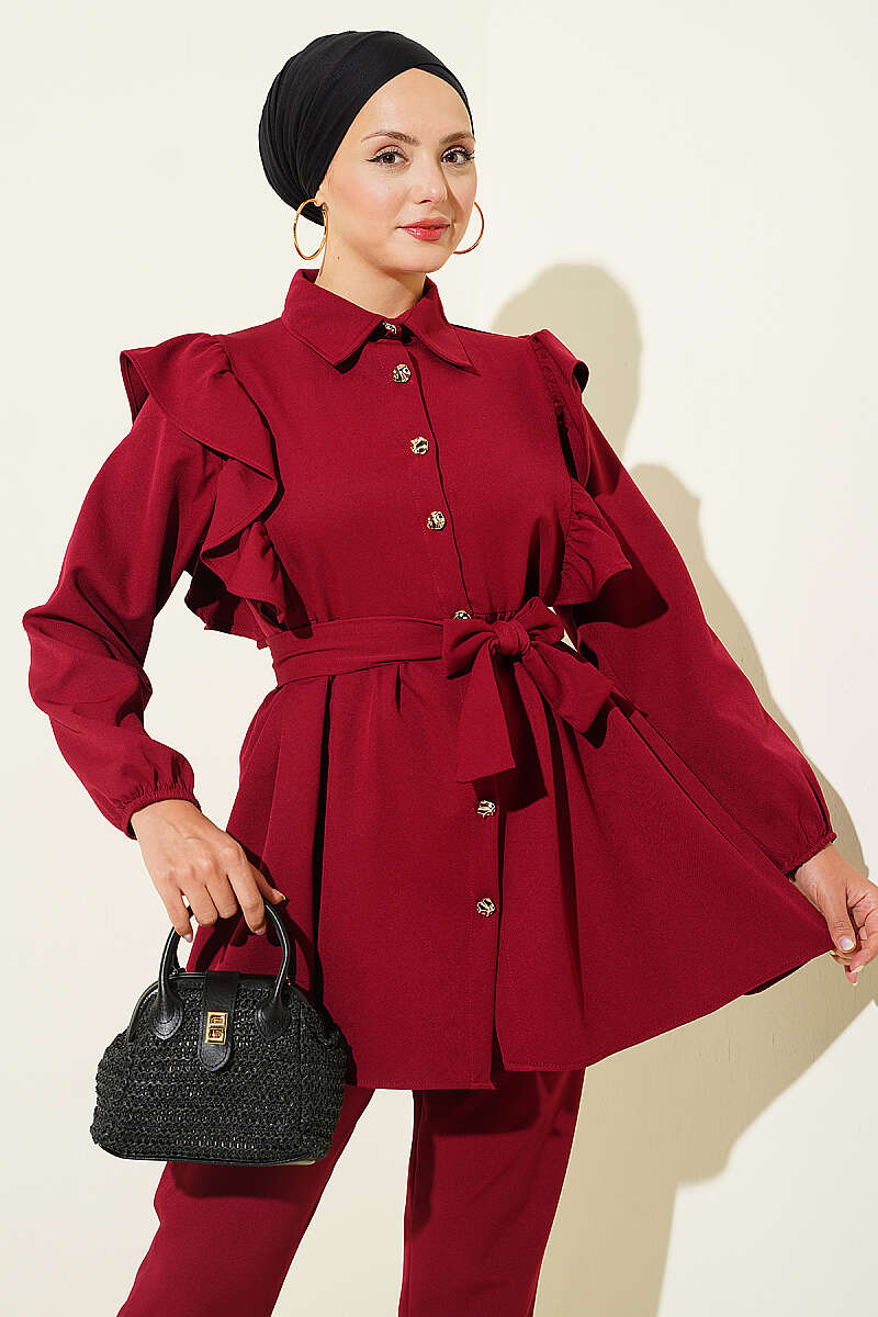 Button Two-Piece Set with Ruffled Shoulders - Burgundy