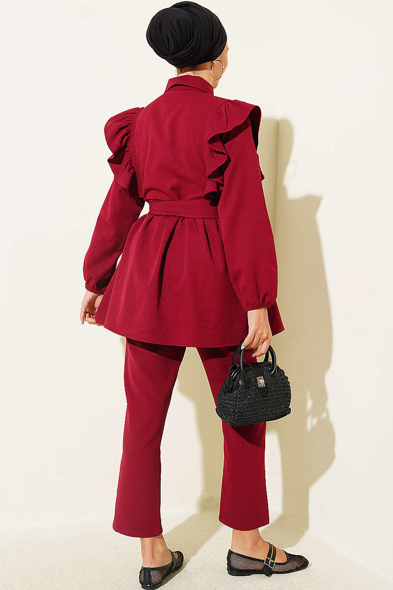 Button Two-Piece Set with Ruffled Shoulders - Burgundy