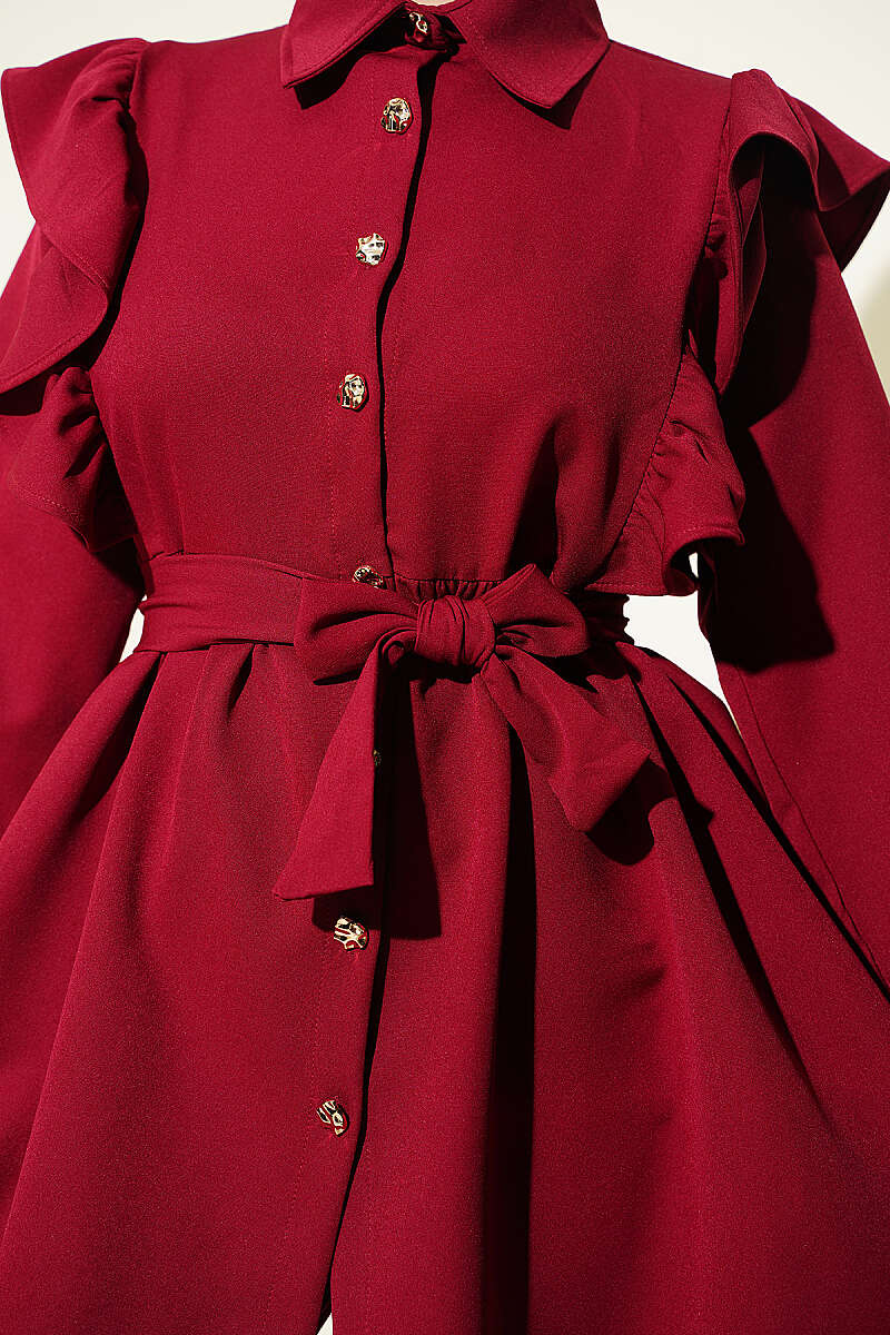 Button Two-Piece Set with Ruffled Shoulders - Burgundy