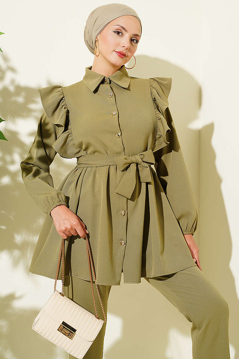 Button Two-Piece Set with Ruffled Shoulders - Almond Green