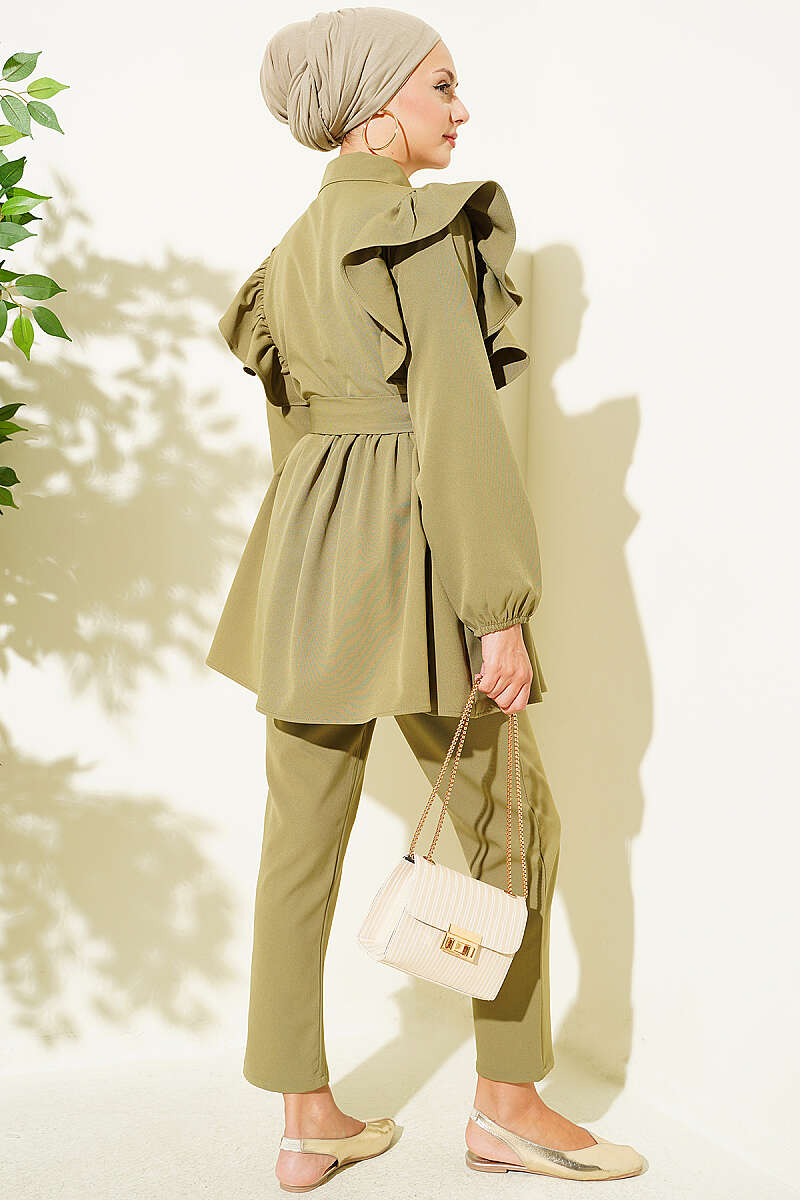 Button Two-Piece Set with Ruffled Shoulders - Almond Green