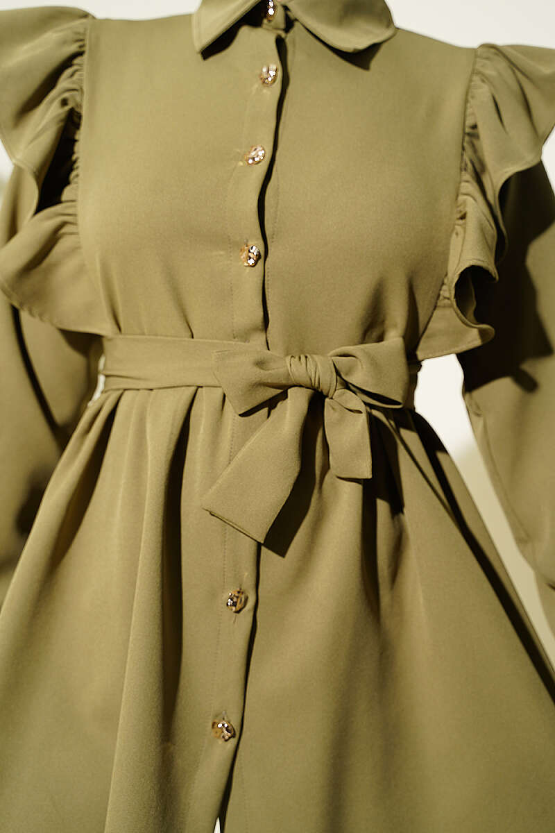 Button Two-Piece Set with Ruffled Shoulders - Almond Green