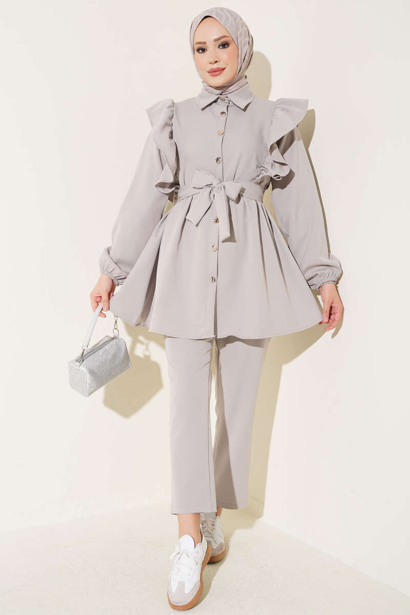 Button Two-Piece Set with Ruffled Shoulders - Grey