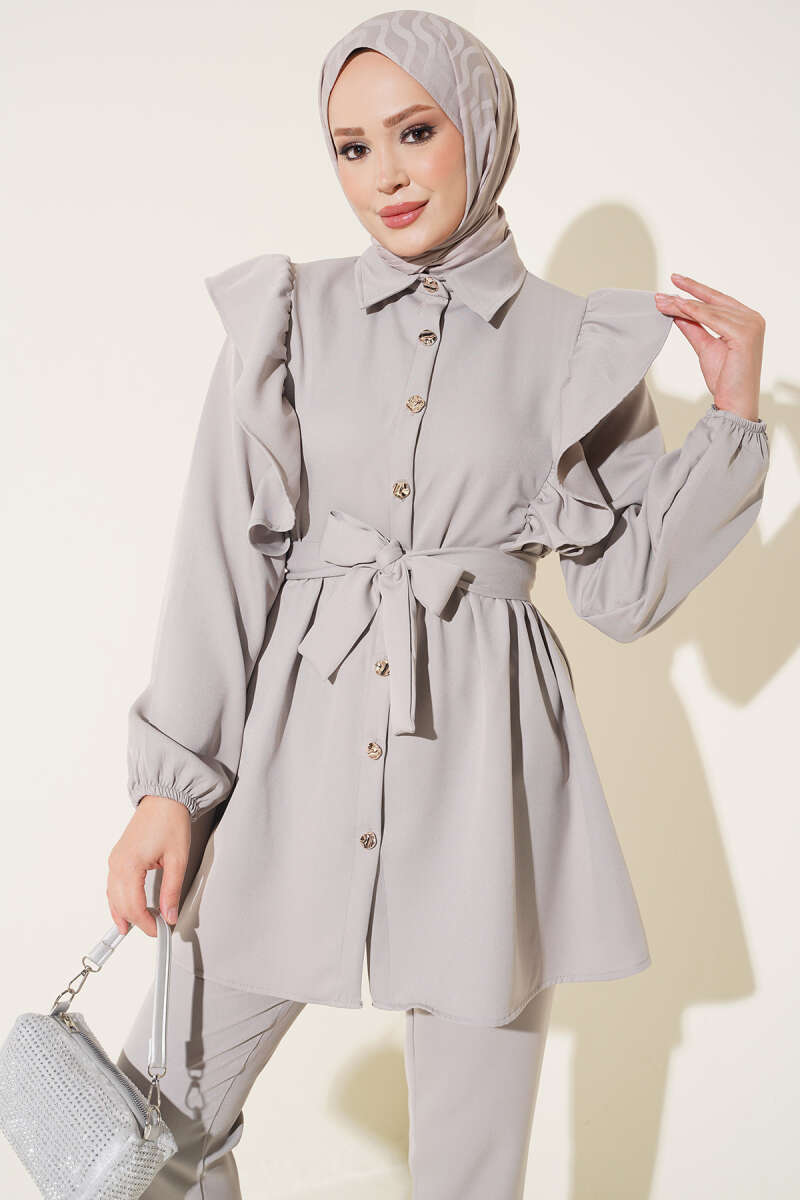 Button Two-Piece Set with Ruffled Shoulders - Grey
