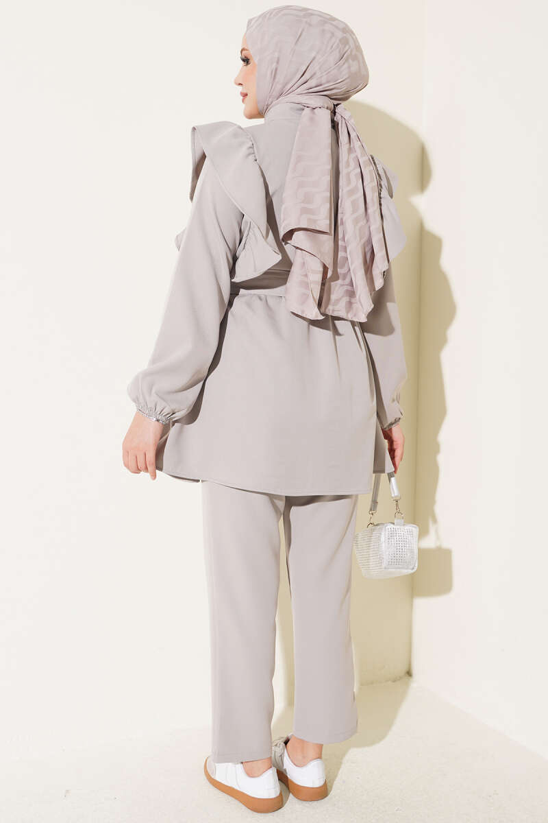 Button Two-Piece Set with Ruffled Shoulders - Grey