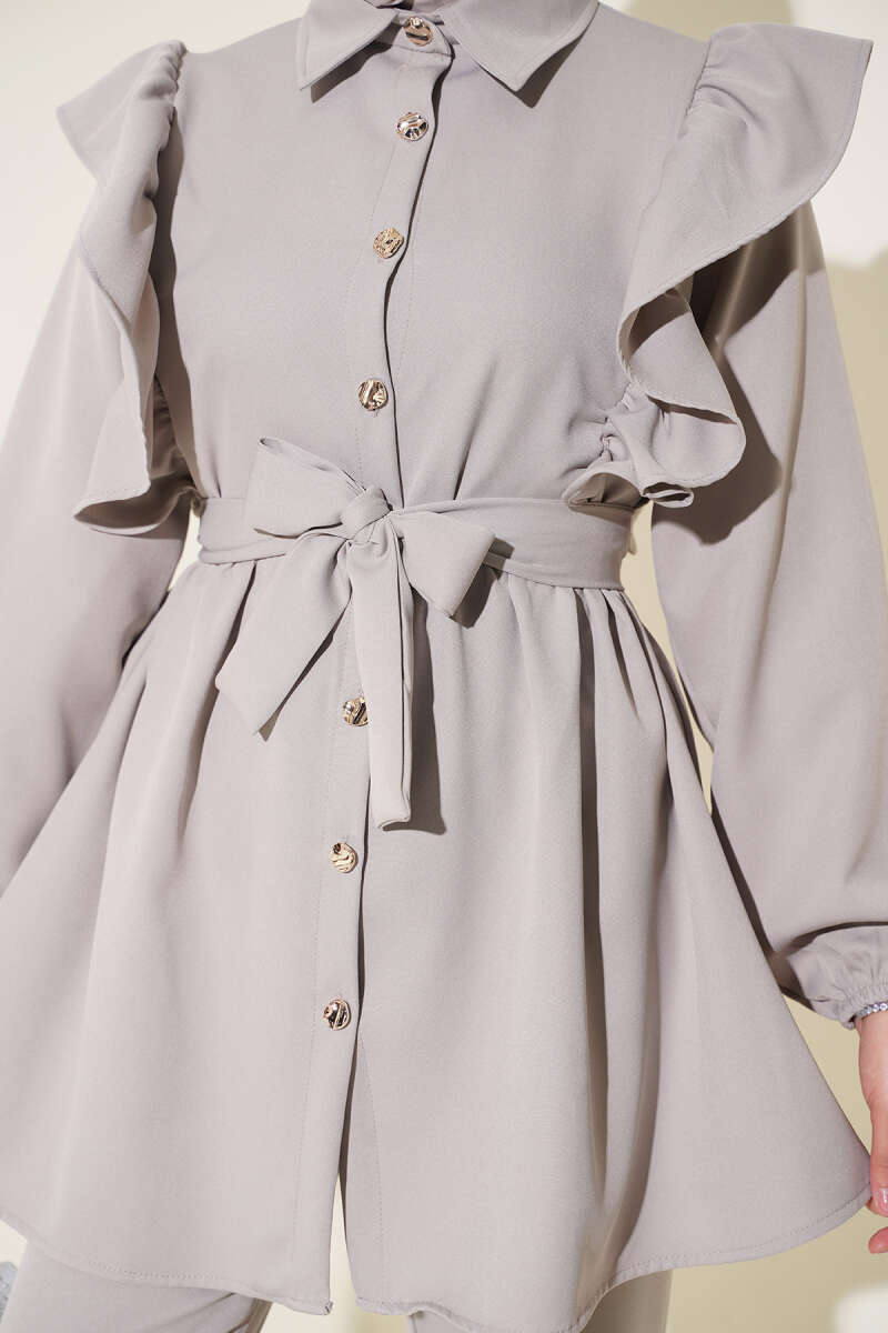 Button Two-Piece Set with Ruffled Shoulders - Grey