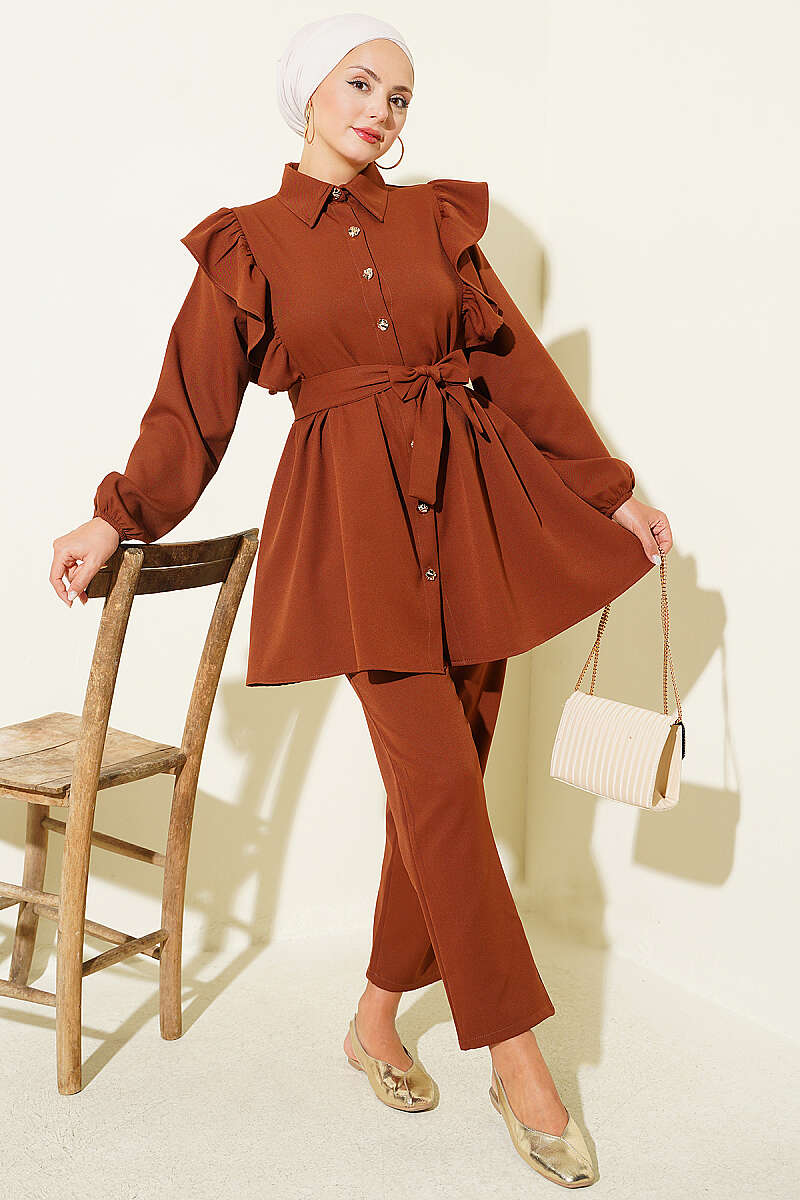Button Two-Piece Set with Ruffled Shoulders - Brown