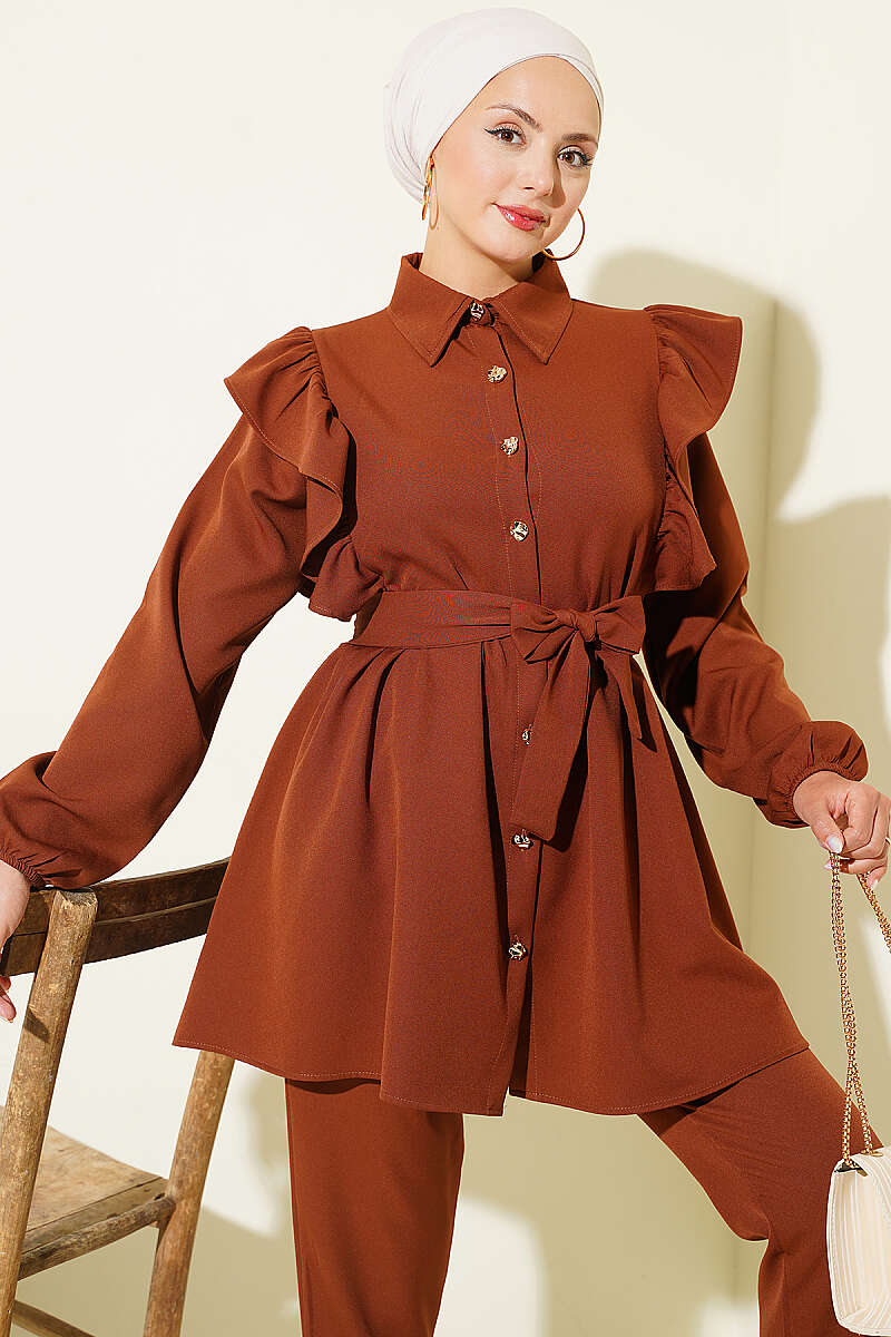 Button Two-Piece Set with Ruffled Shoulders - Brown