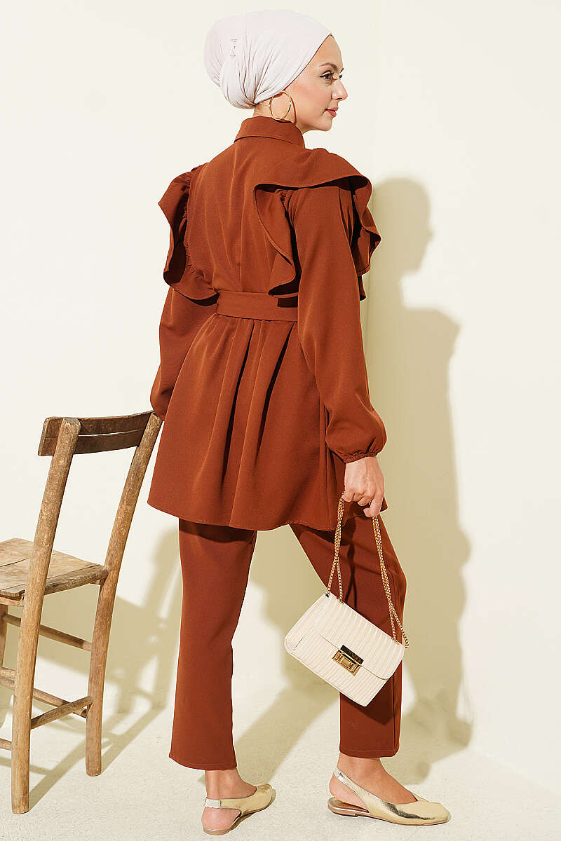 Button Two-Piece Set with Ruffled Shoulders - Brown
