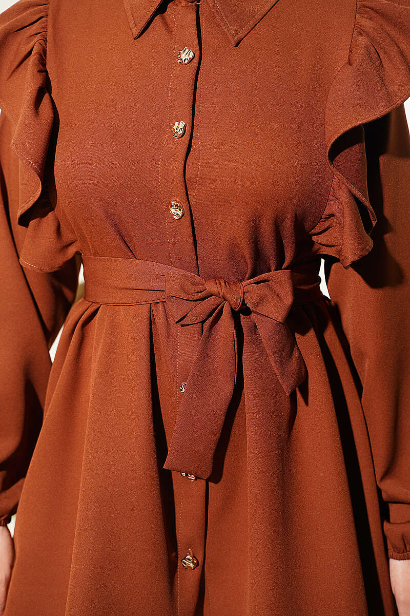 Button Two-Piece Set with Ruffled Shoulders - Brown