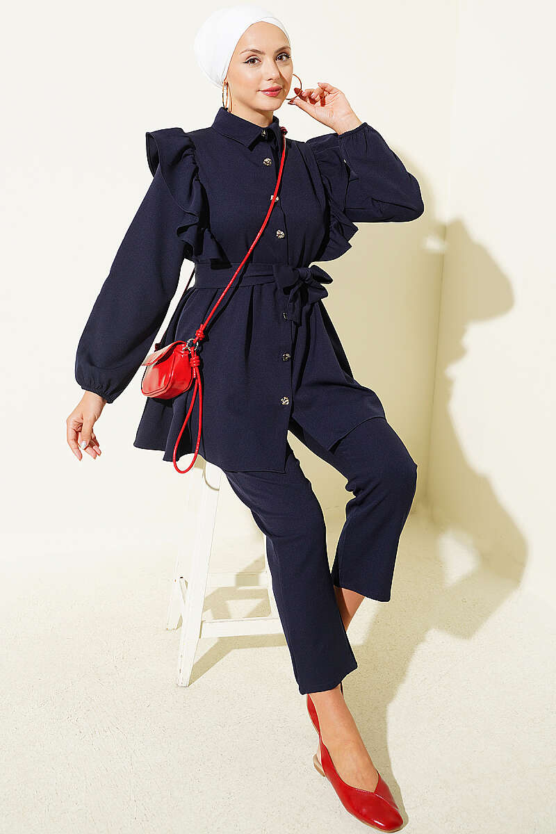Button Two-Piece Set with Ruffled Shoulders - Navy