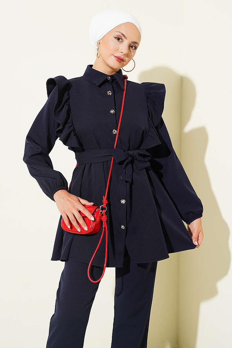 Button Two-Piece Set with Ruffled Shoulders - Navy