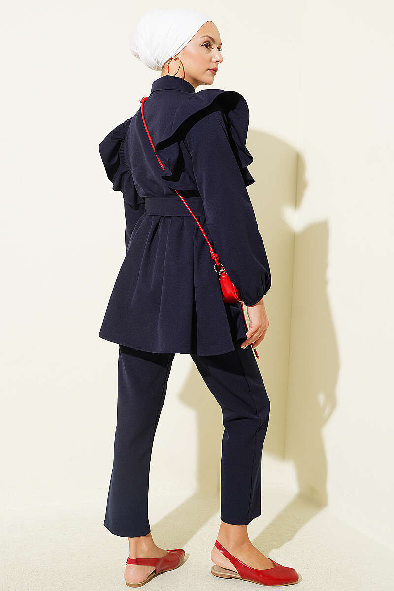 Button Two-Piece Set with Ruffled Shoulders - Navy