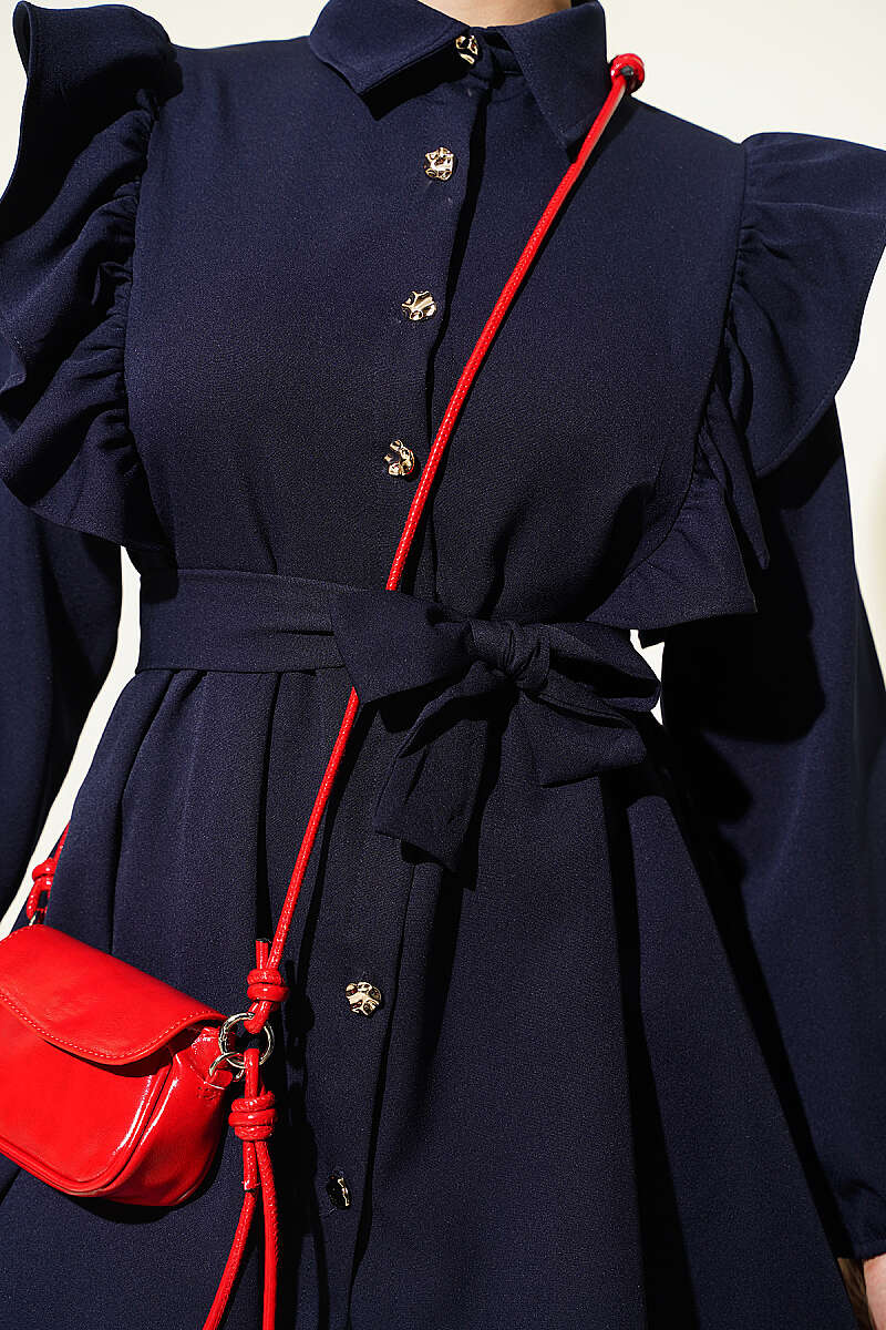 Button Two-Piece Set with Ruffled Shoulders - Navy