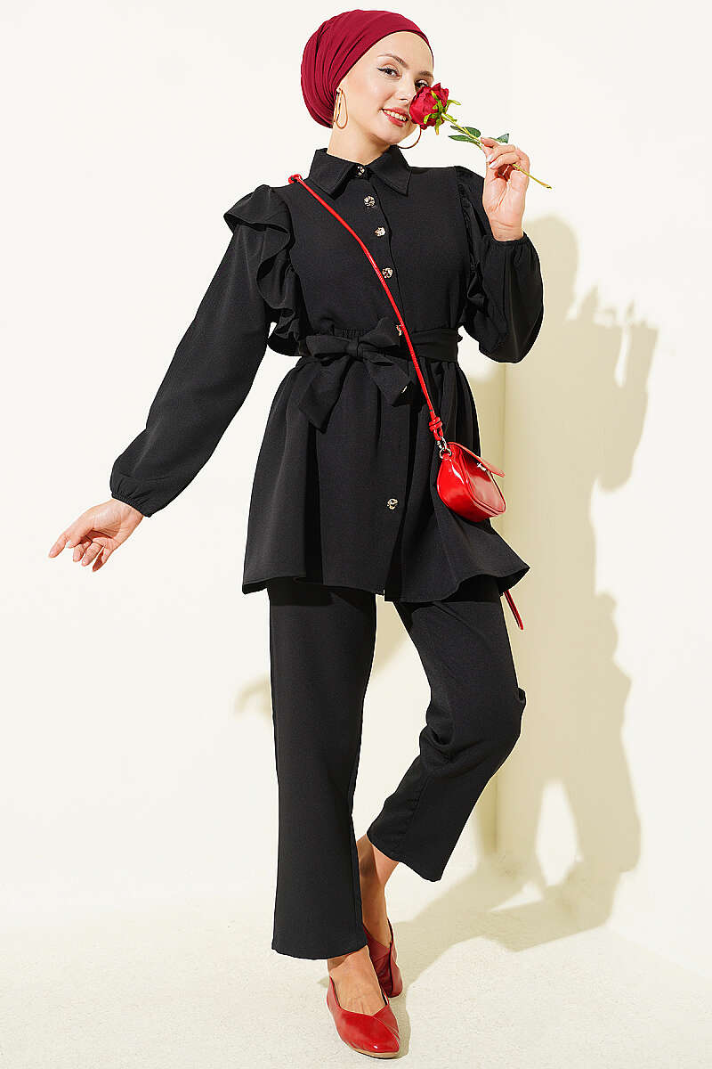 Button Two-Piece Set with Ruffled Shoulders - Black