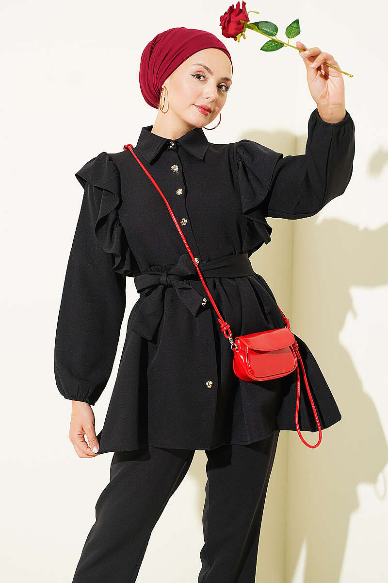 Button Two-Piece Set with Ruffled Shoulders - Black