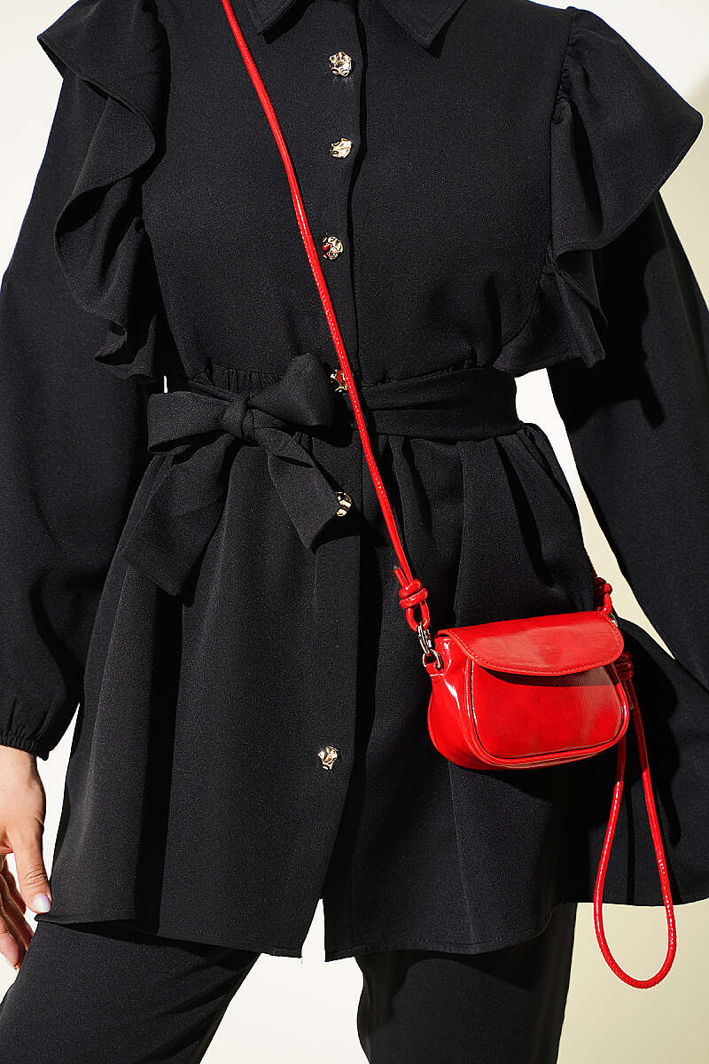Button Two-Piece Set with Ruffled Shoulders - Black