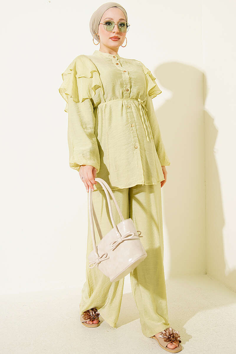 Two-Piece Set with Ruffled Shoulders and Tie Cord - Almond Green