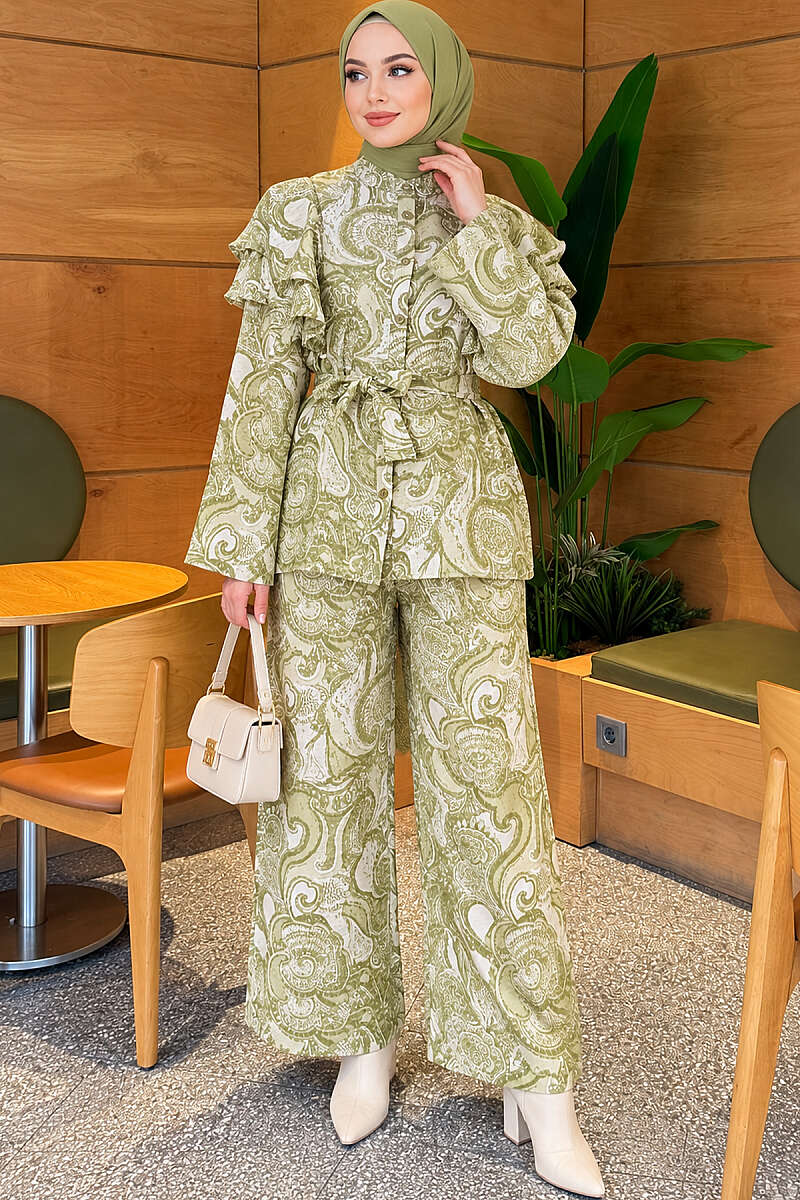 Belted Patterned Two-Piece Set with Ruffled Shoulders - Almond Green