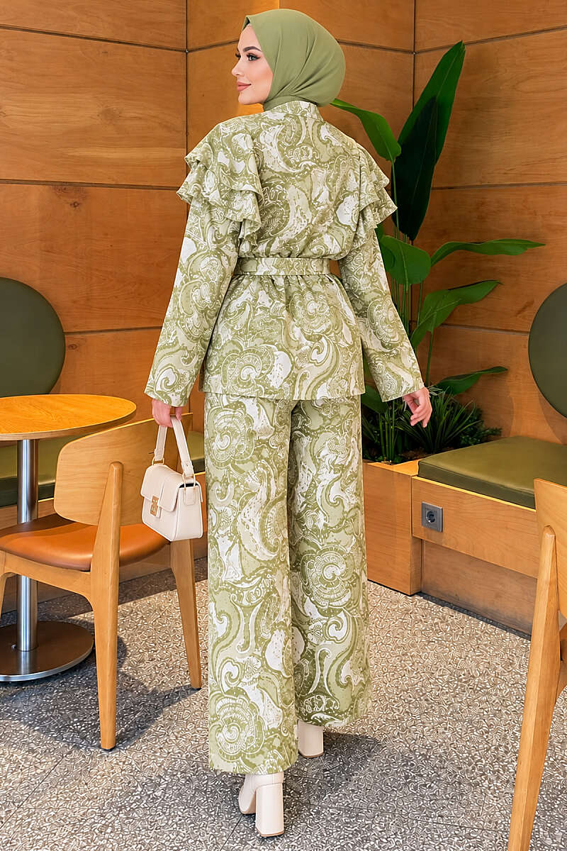 Belted Patterned Two-Piece Set with Ruffled Shoulders - Almond Green