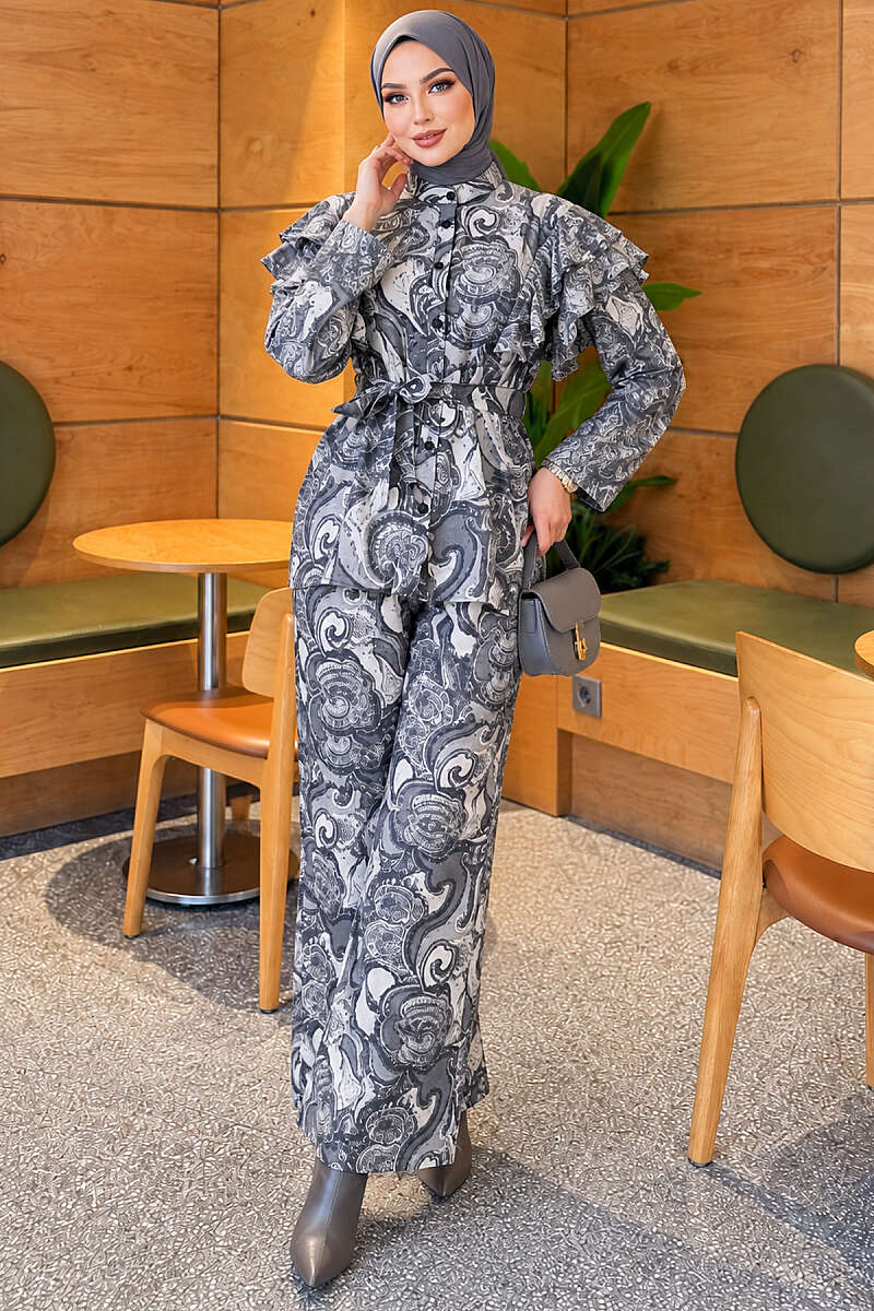 Belted Patterned Two-Piece Set with Ruffled Shoulders - Grey