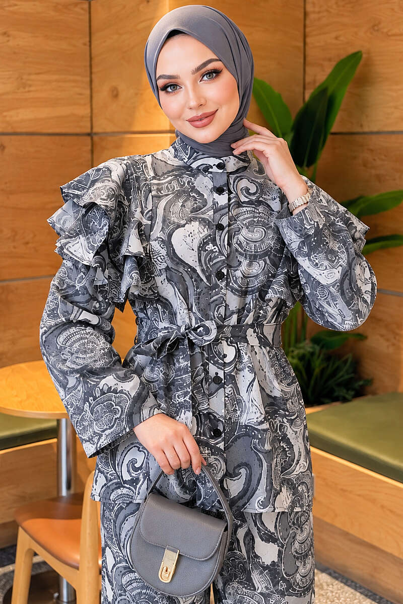 Belted Patterned Two-Piece Set with Ruffled Shoulders - Grey