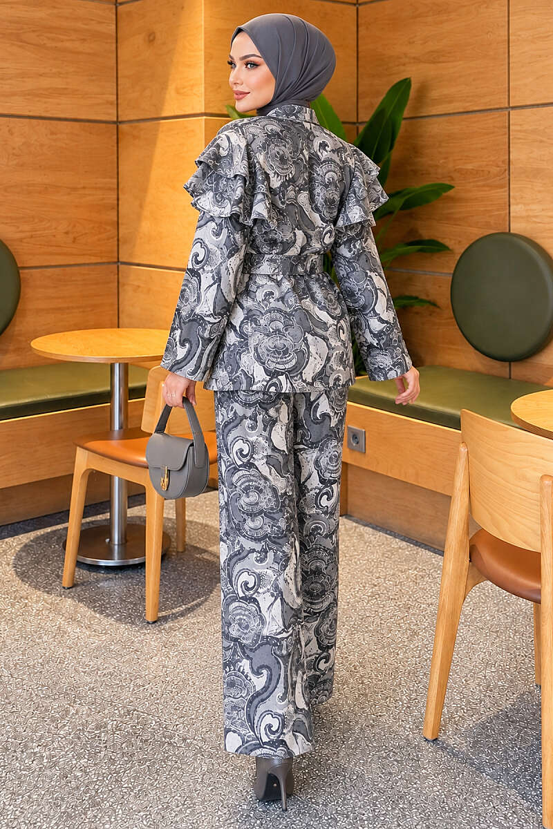 Belted Patterned Two-Piece Set with Ruffled Shoulders - Grey