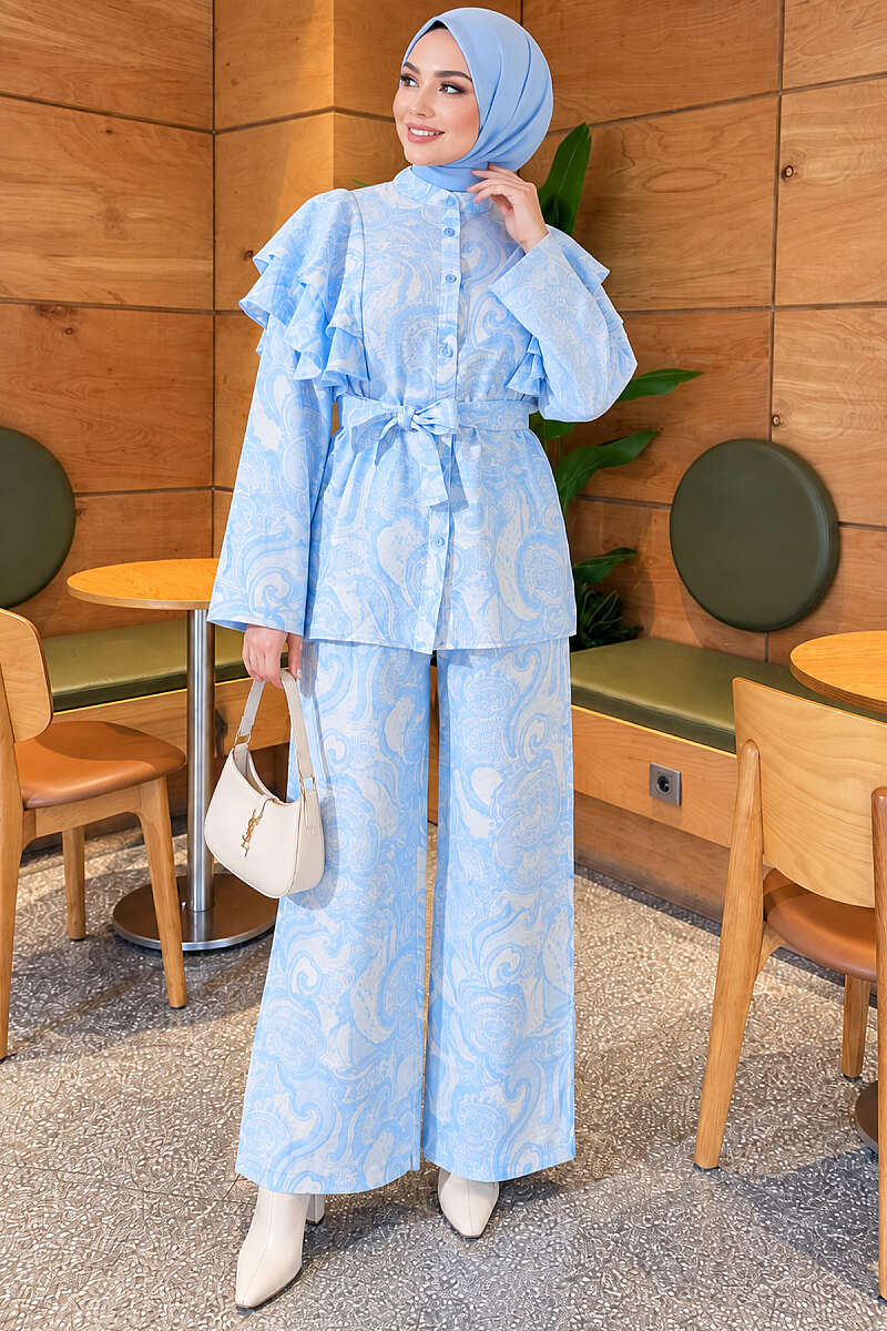 Belted Patterned Two-Piece Set with Ruffled Shoulders - Blue