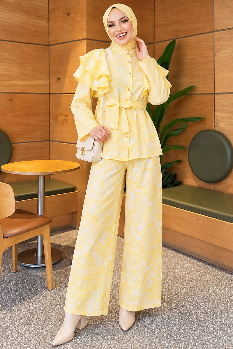 Belted Patterned Two-Piece Set with Ruffled Shoulders - Yellow