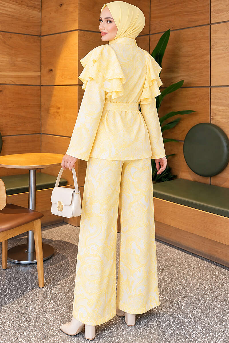 Belted Patterned Two-Piece Set with Ruffled Shoulders - Yellow